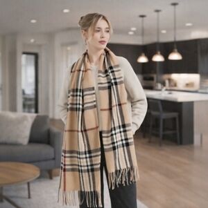 Luxe Timeless Style Plaid Scarf with Fringe